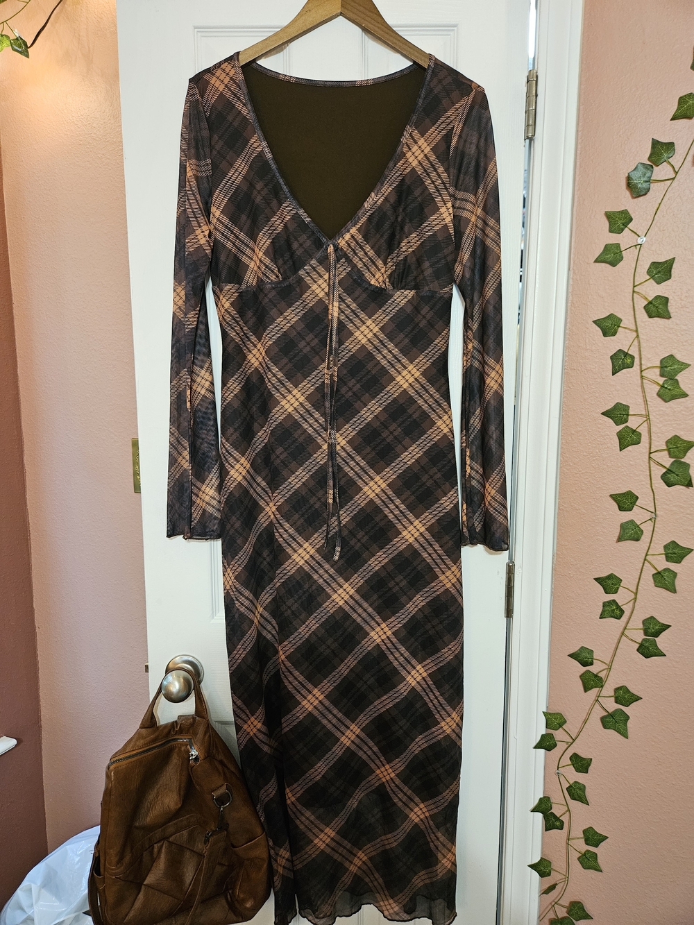 Plaid Long Sleeve V-Neck Maxi Dress in Brown and Pink